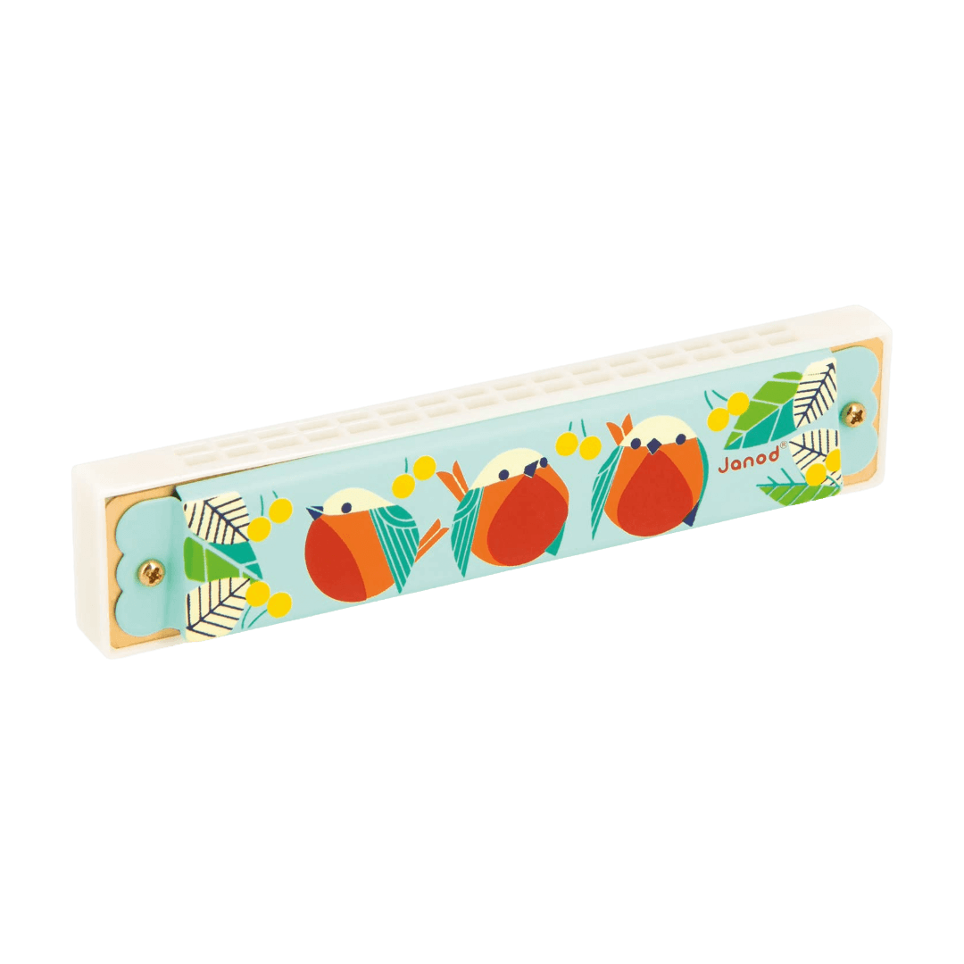 Children's toy harmonica with bird design.