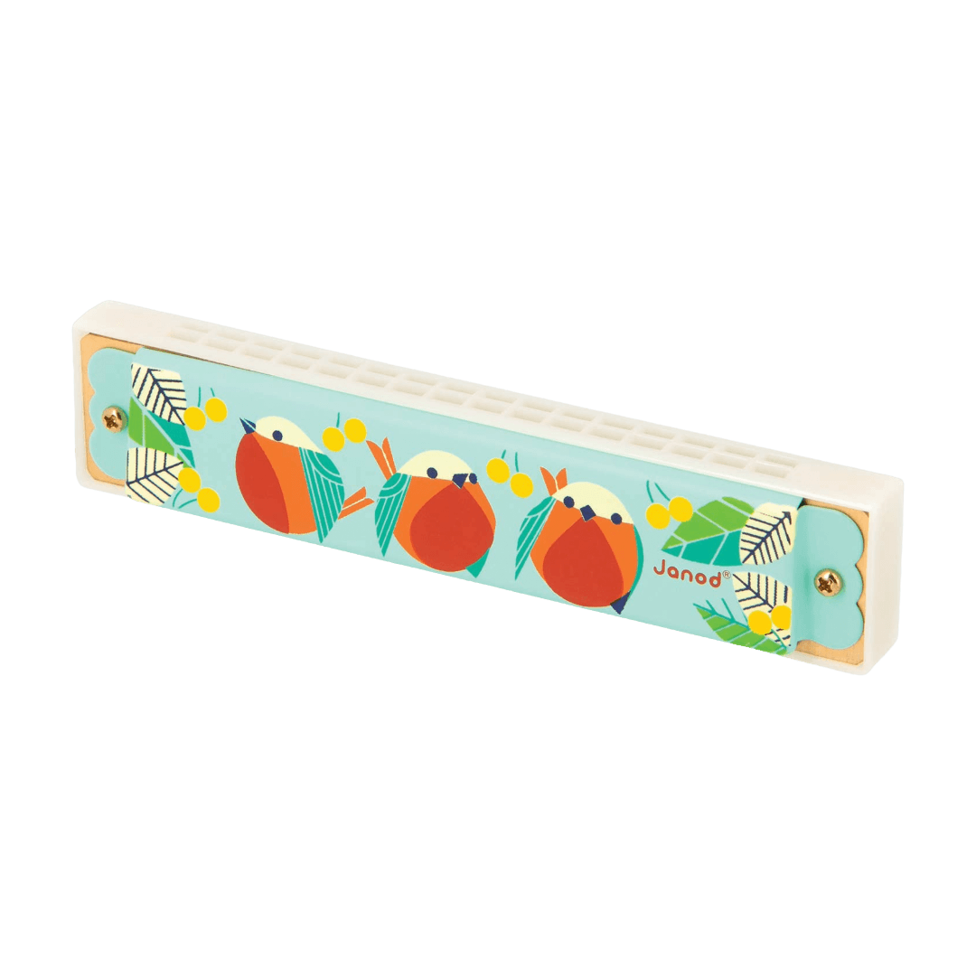 Children's toy harmonica with bird design.