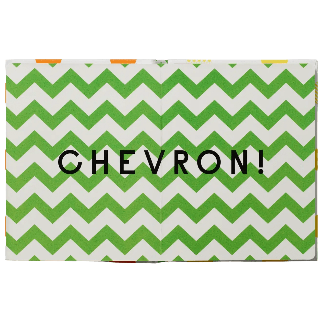 Open book with green chevron pattern pages and 'CHEVRON!' text.