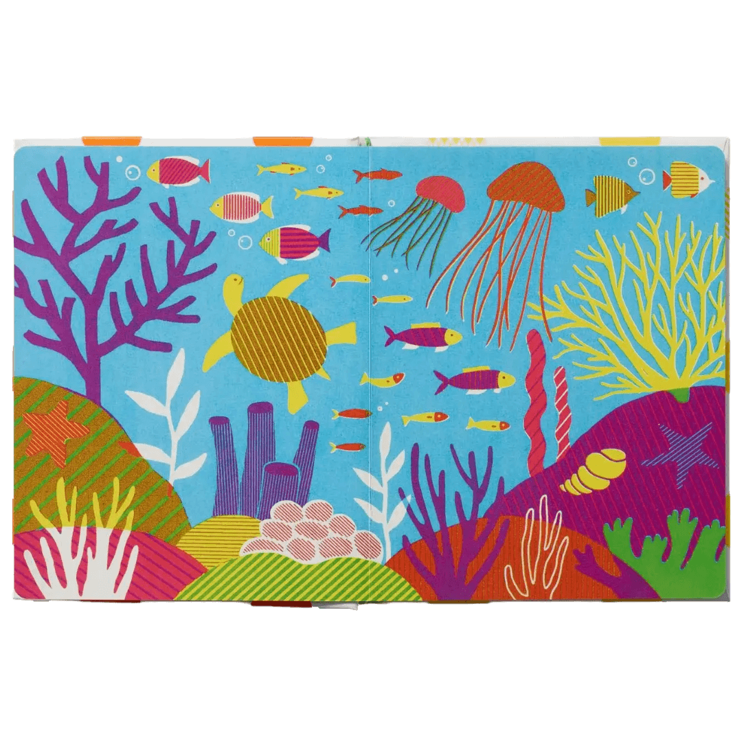Colorful children's book pages with an underwater scene.