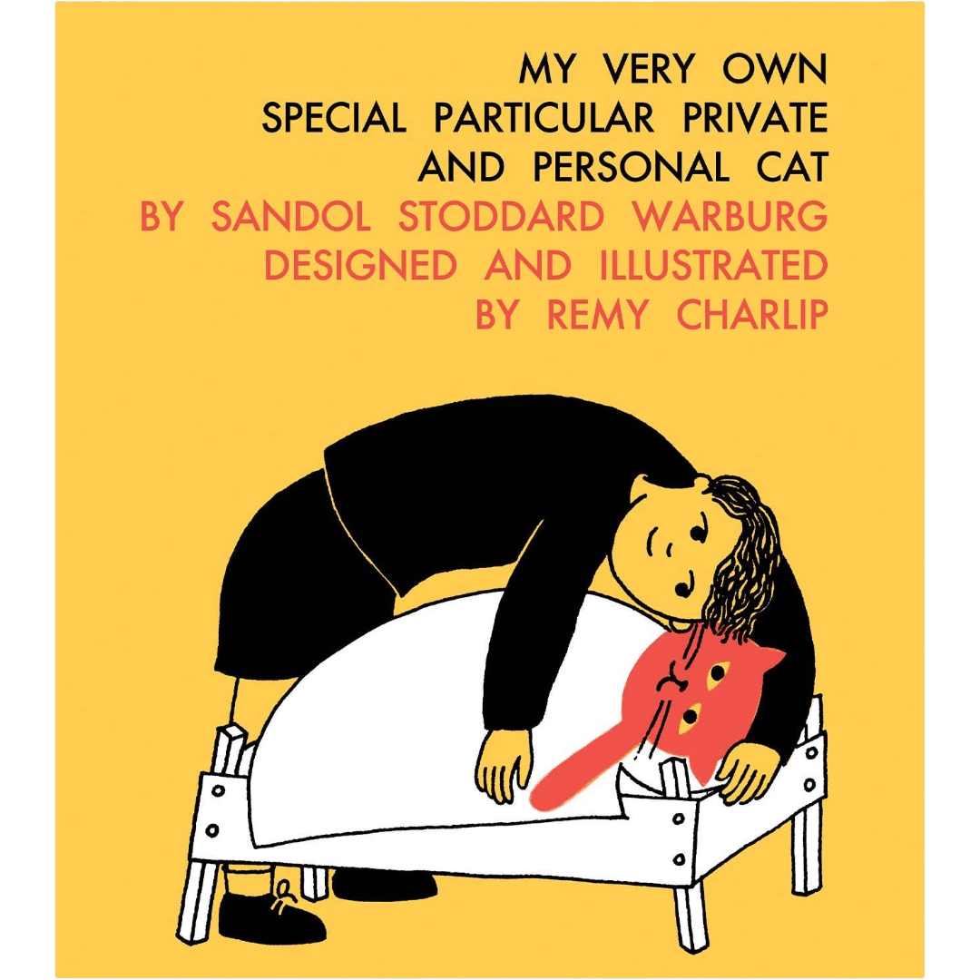 Book cover with a cartoon character laying over a cat, yellow background, and text about the author and illustrator.