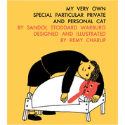 Book cover with a cartoon character laying over a cat, yellow background, and text about the author and illustrator.