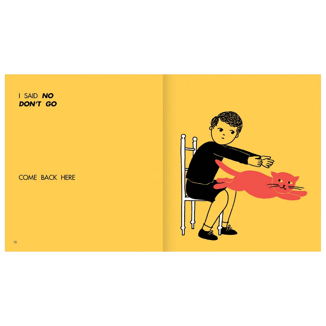 Illustration of a child holding a cat with text on a yellow background