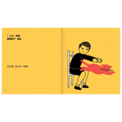 Illustration of a child holding a cat with text on a yellow background