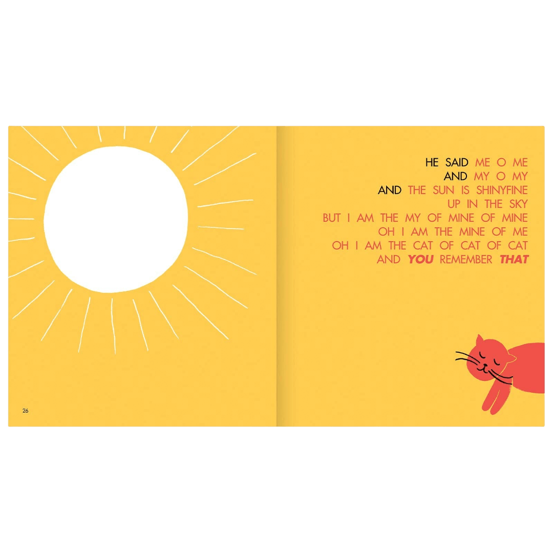 Open book with a yellow background, white sun illustration, and red cat on a yellow background.