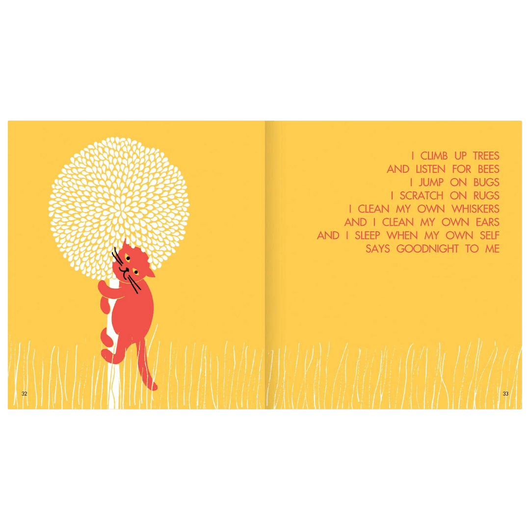 Illustration of a cat climbing a tree with text on a yellow background
