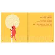 Illustration of a cat climbing a tree with text on a yellow background