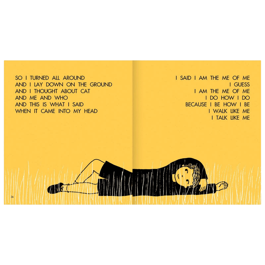 Open book with a person lying on the ground and text on a yellow background