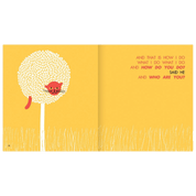 Illustration of a tree with a red character on a yellow background, featuring text.