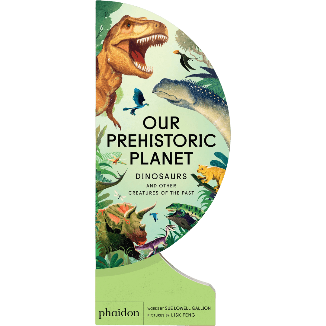 Globe shaped book cover with dinosaur illustrations.