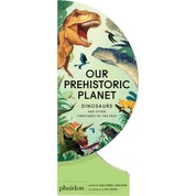 Globe shaped book cover with dinosaur illustrations.