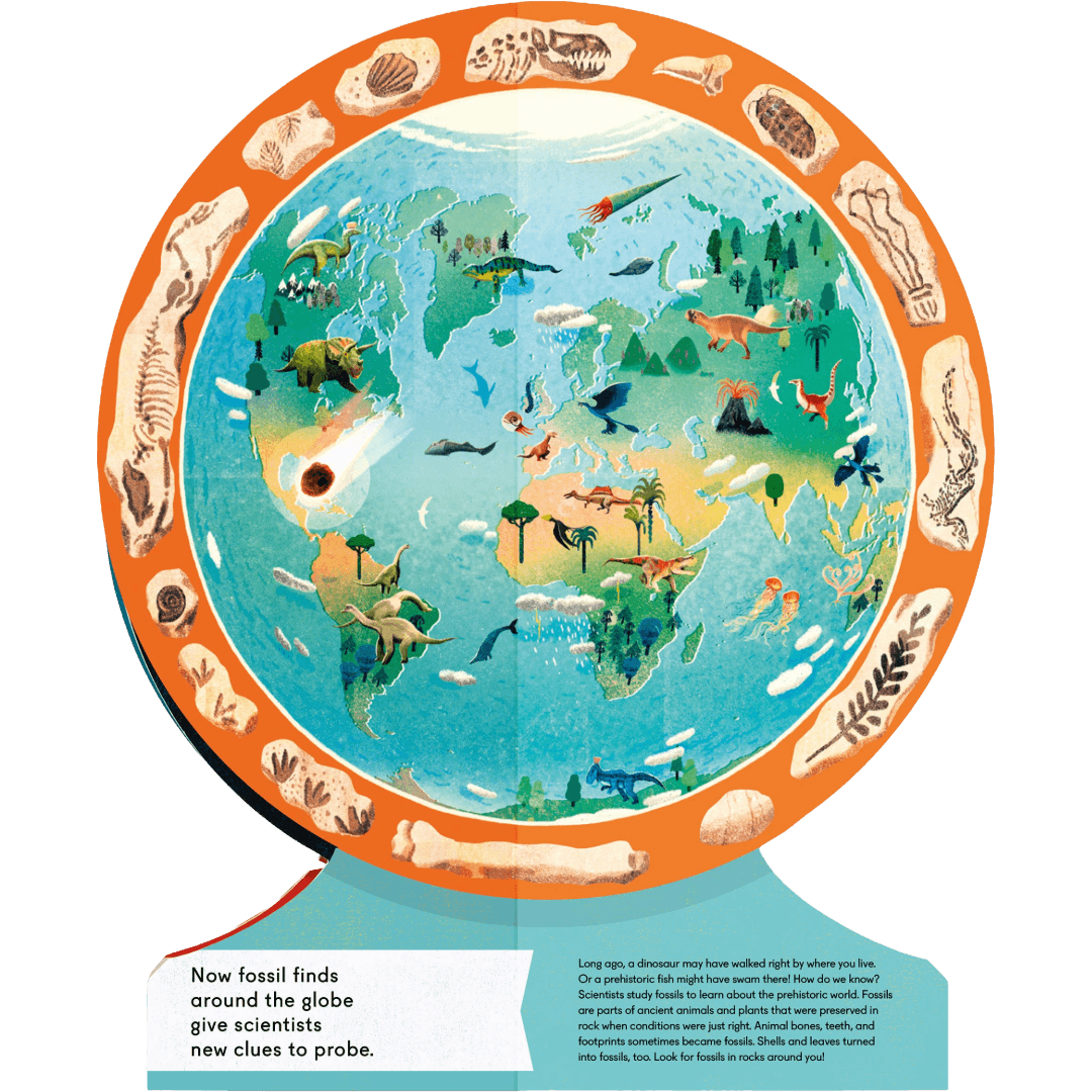 Globe shaped Illustrated book page with various animals and landmarks.