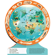 Globe shaped Illustrated book page with various animals and landmarks.
