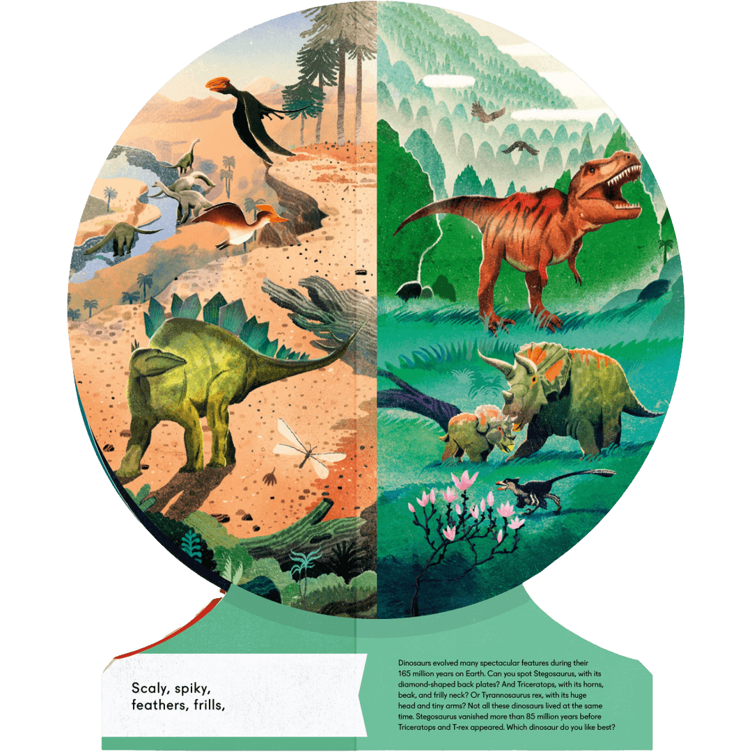 Globe shaped Illustrated book page with dinosaurs. 
