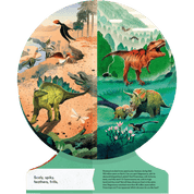 Globe shaped Illustrated book page with dinosaurs. 