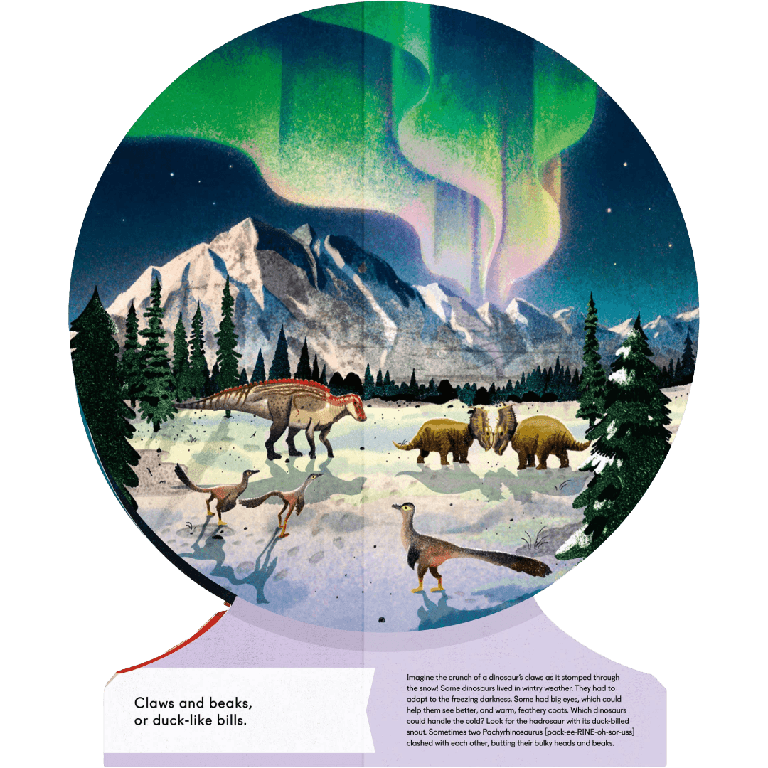 Globe Shaped Illustrated book page of dinosaurs under a Northern Lights sky with mountains and trees.