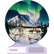 Globe Shaped Illustrated book page of dinosaurs under a Northern Lights sky with mountains and trees.