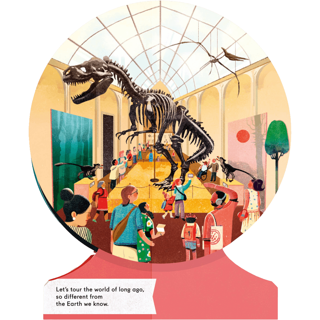 Globe Shaped Illustrated book page of a dinosaur exhibit in a museum with people around it.