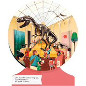 Globe Shaped Illustrated book page of a dinosaur exhibit in a museum with people around it.