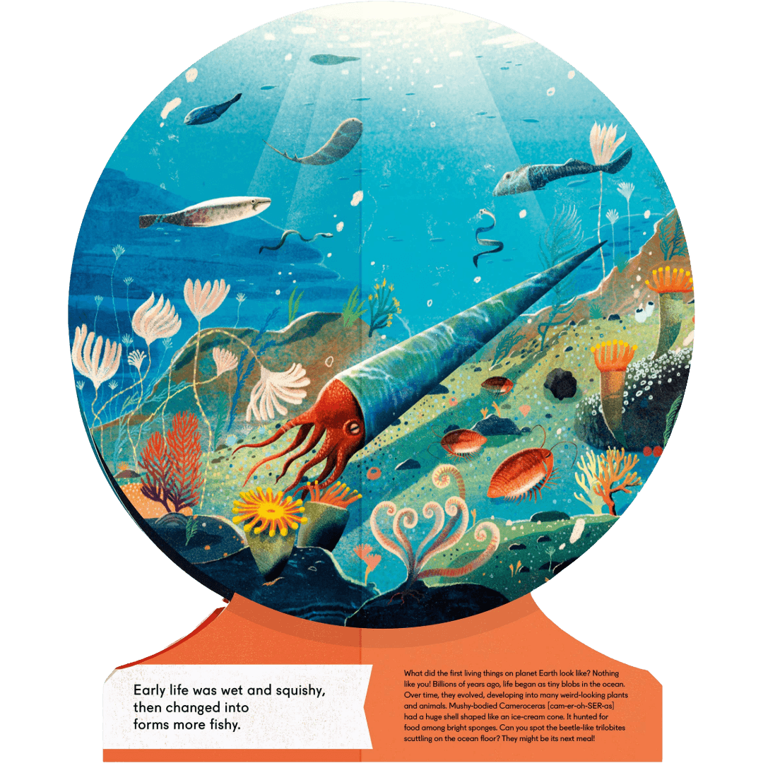 Globe Shaped Illustrated book page with a colorful underwater scene featuring a squid and marine life.