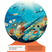 Globe Shaped Illustrated book page with a colorful underwater scene featuring a squid and marine life.