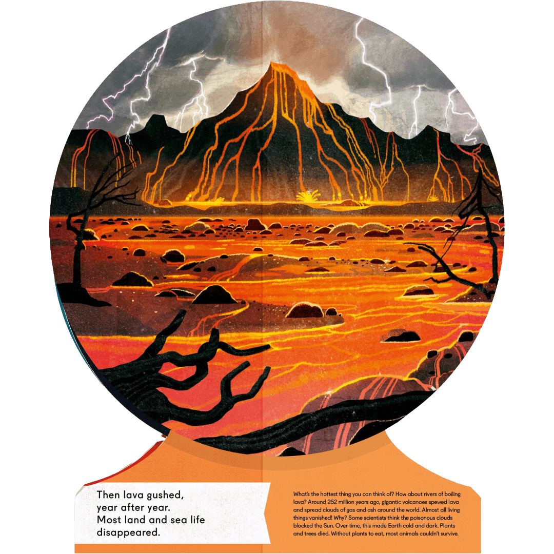 Globe Shaped illustrated book page of a volcanic landscape with text.