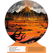 Globe Shaped illustrated book page of a volcanic landscape with text.