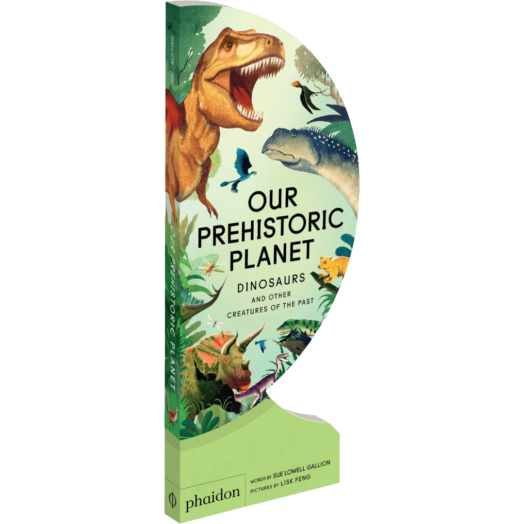 Globe shaped book cover with dinosaur illustrations.
