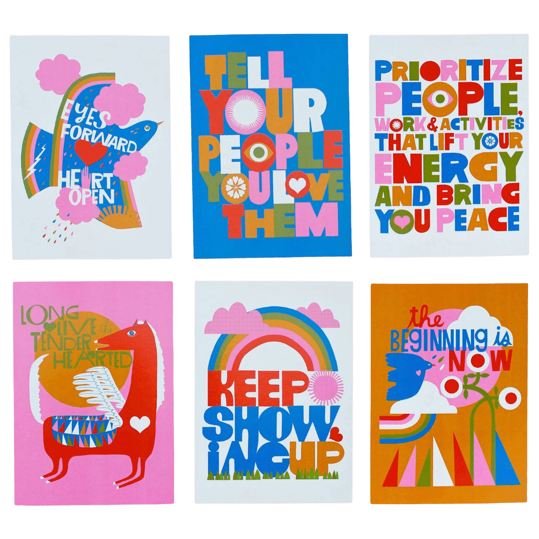 Set of six colorful motivational postcards with text and colorful graphics