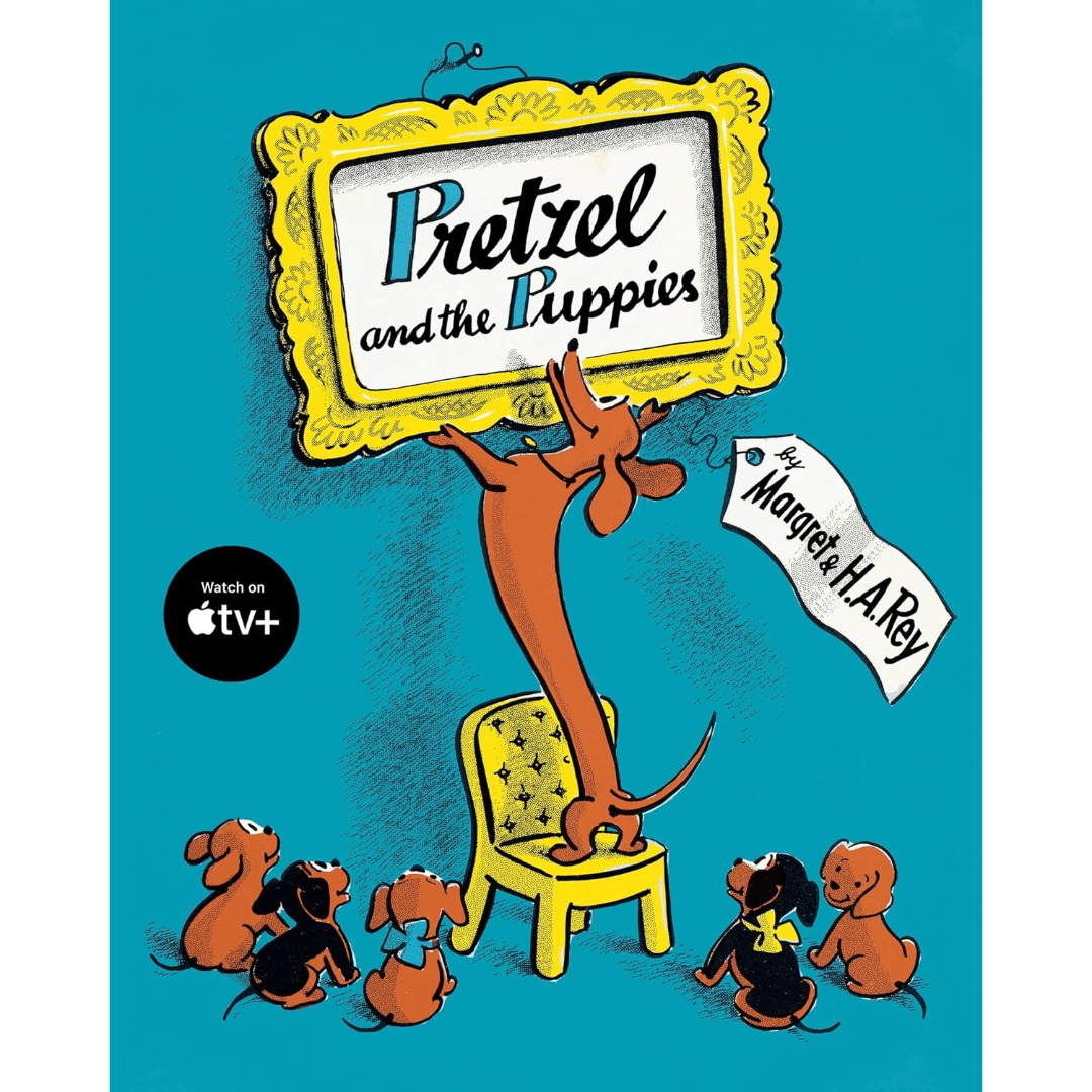 Book cover of 'Pretzel and the Puppies' with a cartoon dog and puppies on a blue background.