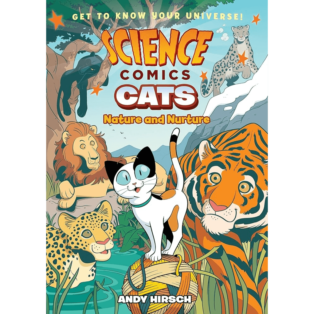 Book cover of 'Science Comics: Cats' featuring various cats and a tiger in a natural setting.