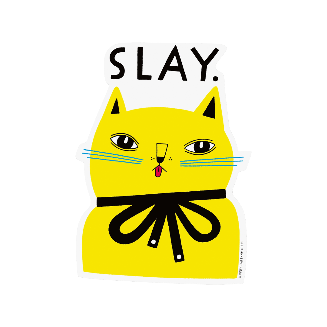 Yellow cat illustration sticker with 'SLAY.' text on a white background.