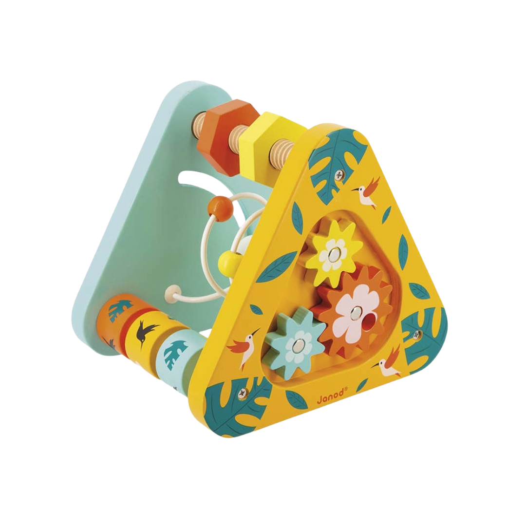 Colorful wooden baby activity toy with various interactive elements