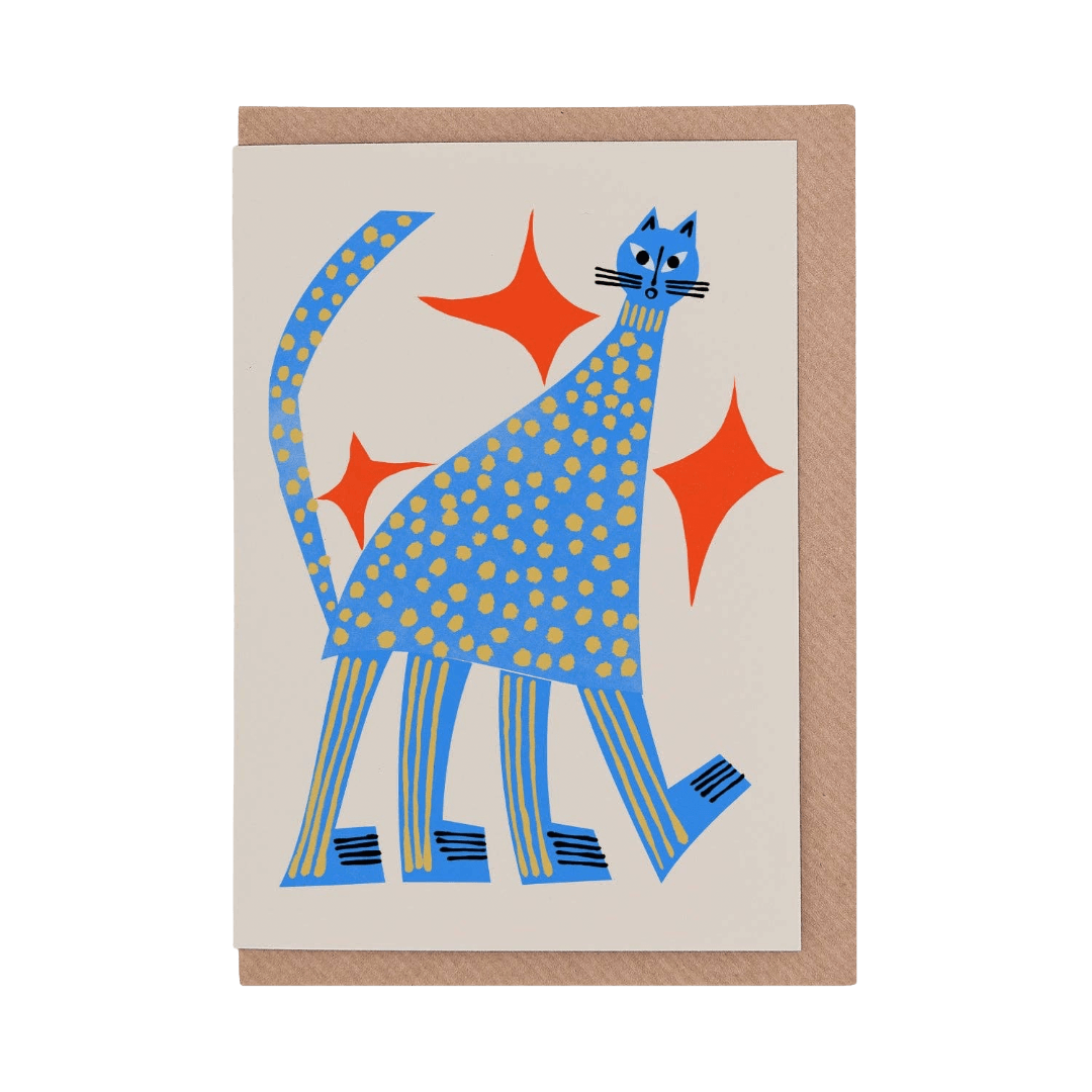 Greeting card with a blue cat illustration on a beige background