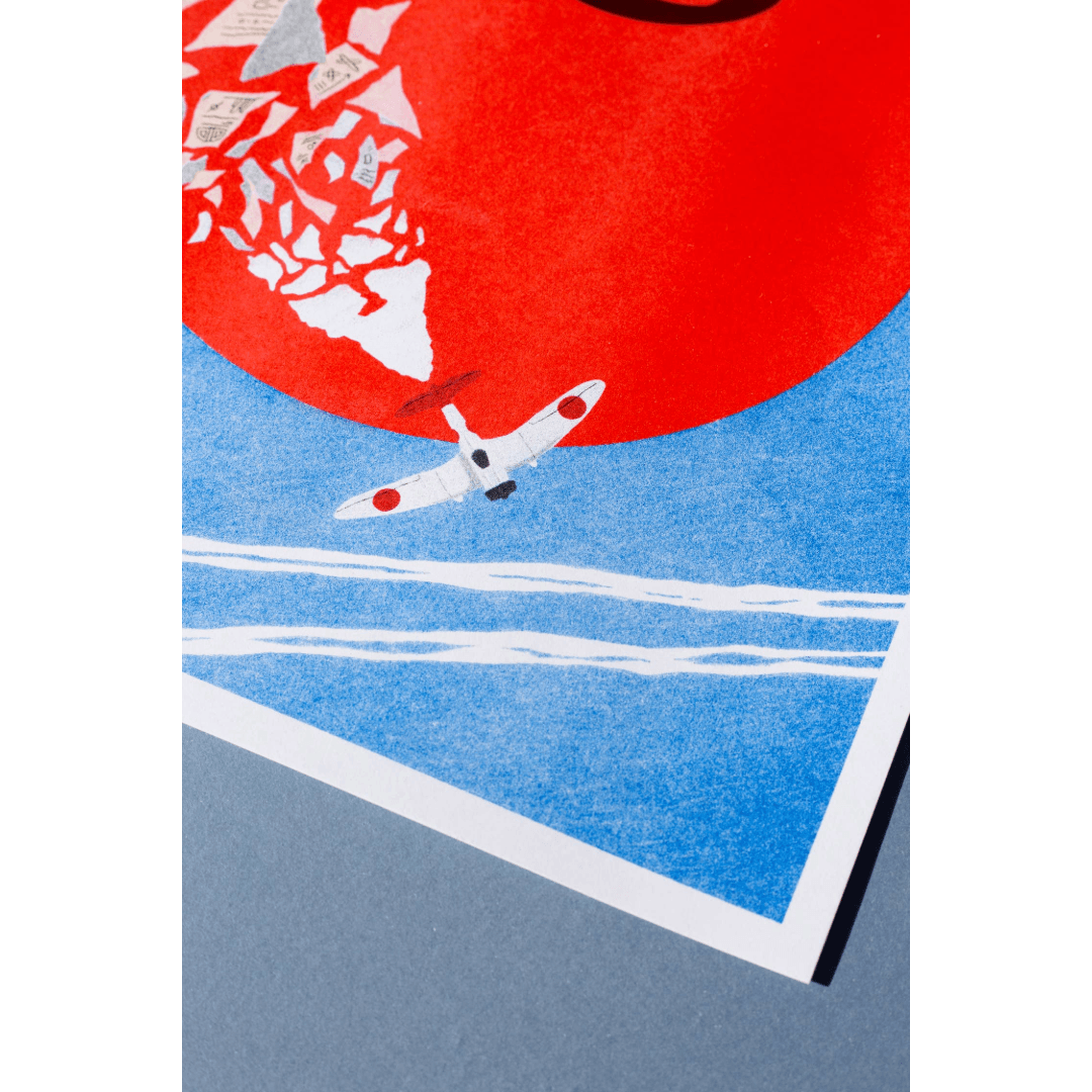 Close up of an Illustration of a plane flying across a large red sun on a blue background