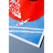 Close up of an Illustration of a plane flying across a large red sun on a blue background