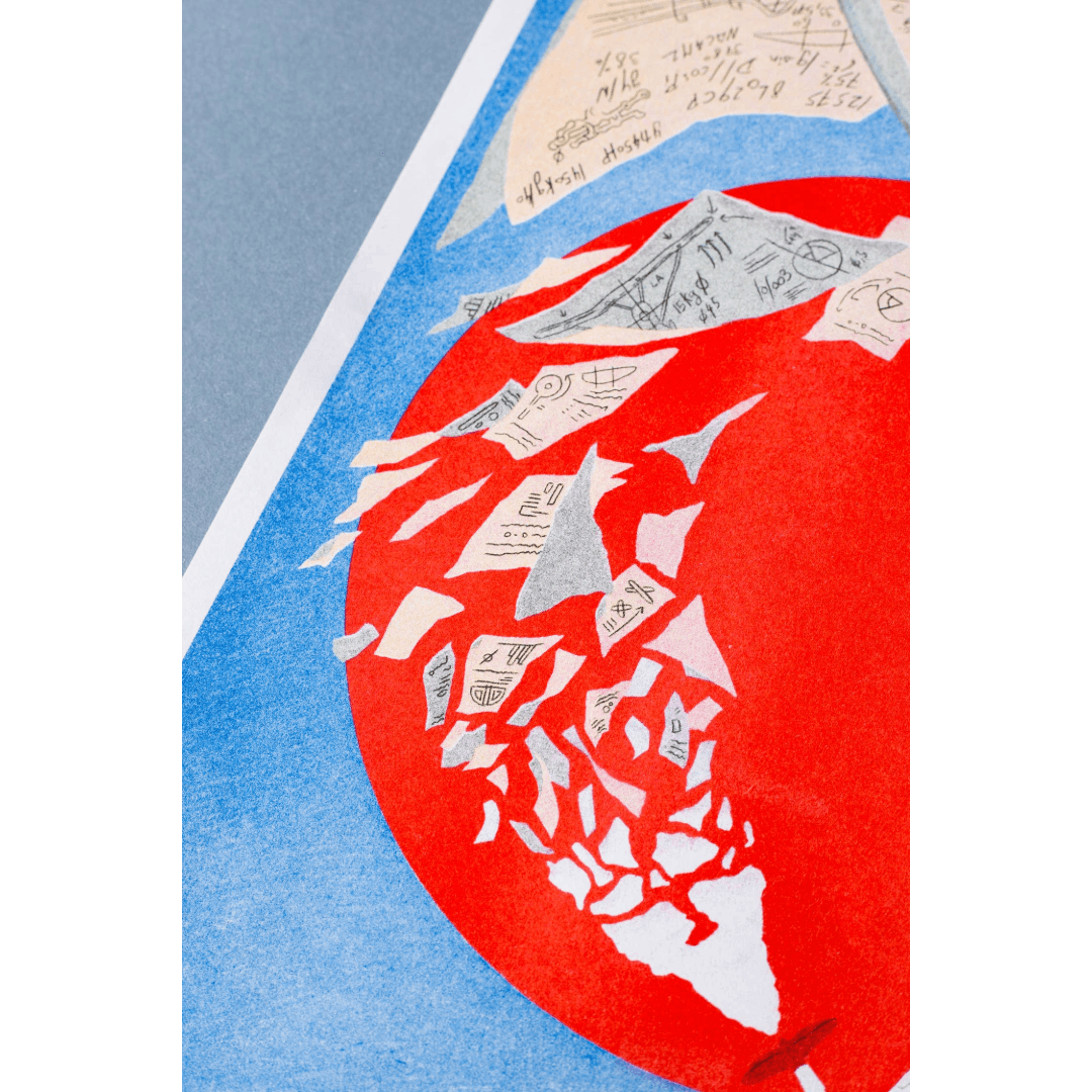 Close up of an artistic drawing of a red sun with scientific papers floating across. 
