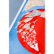 Close up of an artistic drawing of a red sun with scientific papers floating across. 