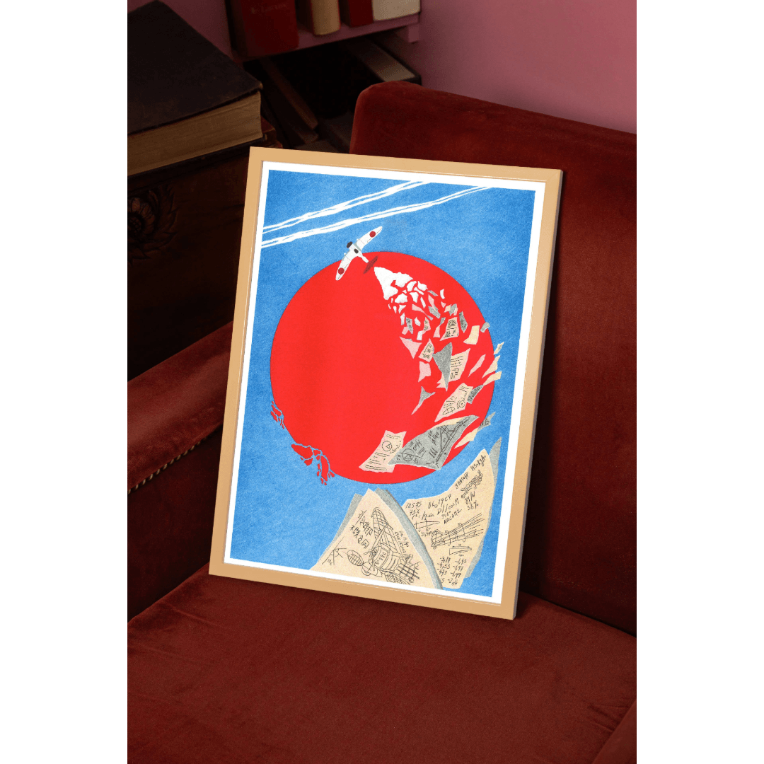 Framed artwork with a red circle and blue background on a red couch.