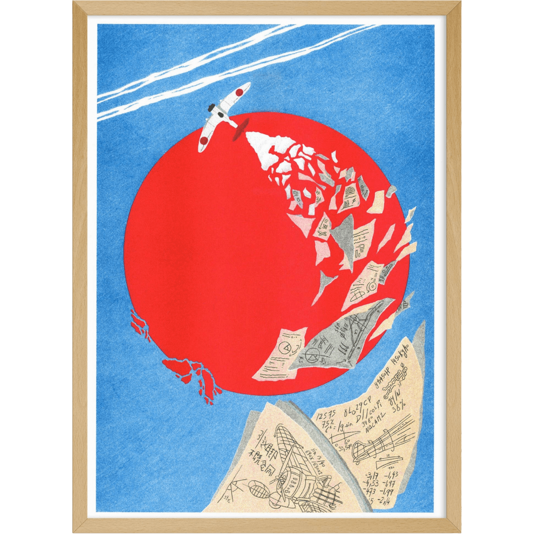 Artistic depiction of a airplane flying across a red planet or sun with blue sky, framed in wood.