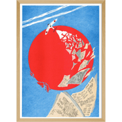 Artistic depiction of a airplane flying across a red planet or sun with blue sky, framed in wood.