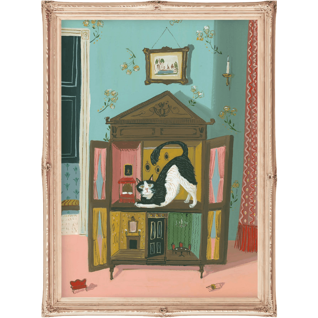 Painting of a cat inside an open doll house with decorative interior.