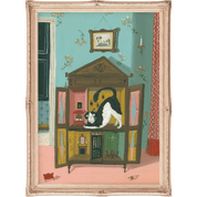 Painting of a cat inside an open doll house with decorative interior.