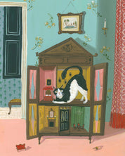 Illustration of a cat inside an open dollhouse in a room with floral wallpaper and curtains.