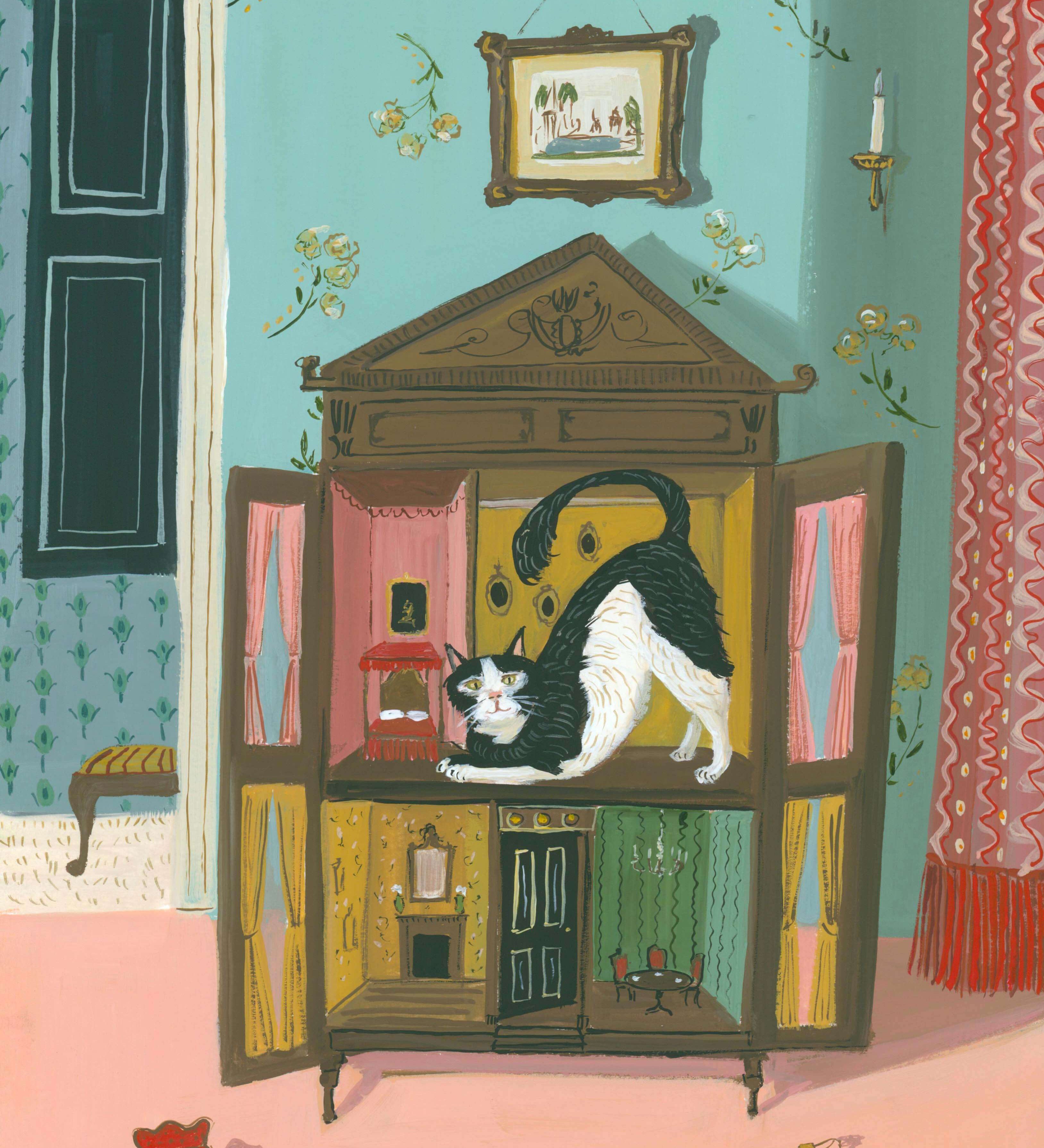 Illustration of a cat inside an open dollhouse in a room with floral wallpaper and curtains.