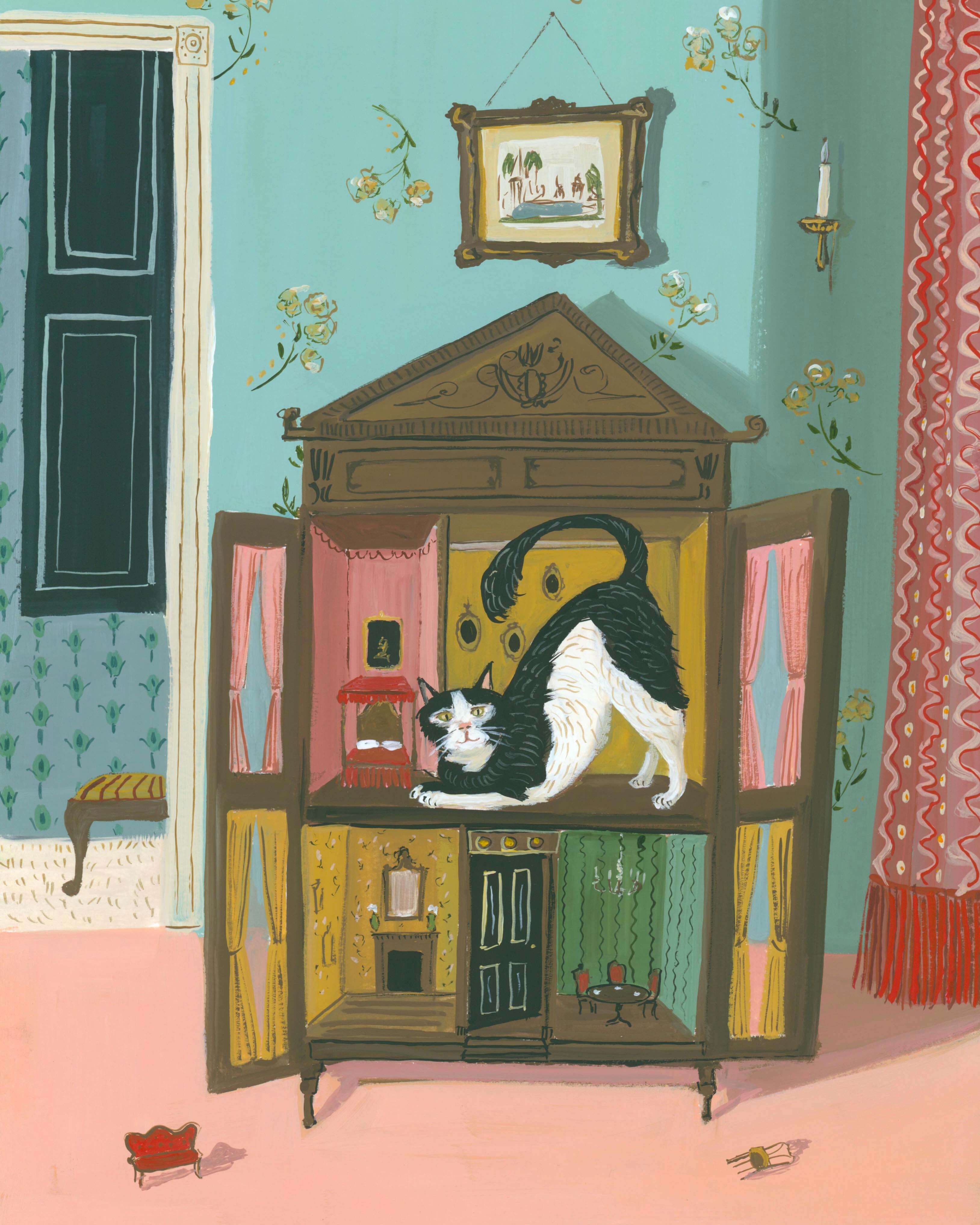 Illustration of a cat inside an open dollhouse in a room with floral wallpaper and curtains.