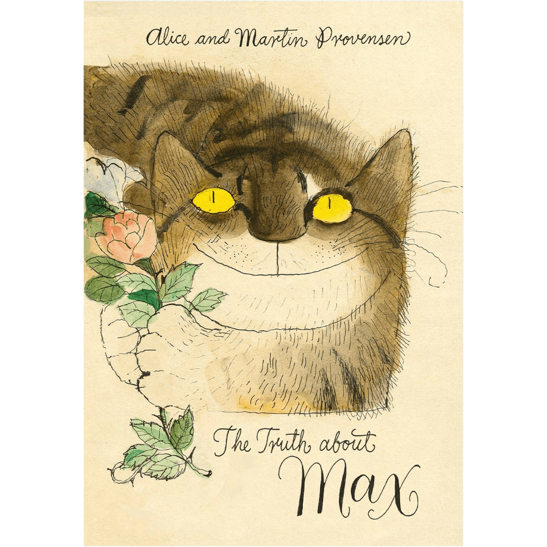 Book cover of 'The Truth about Max' featuring an illustration of a cat with yellow eyes and flowers.