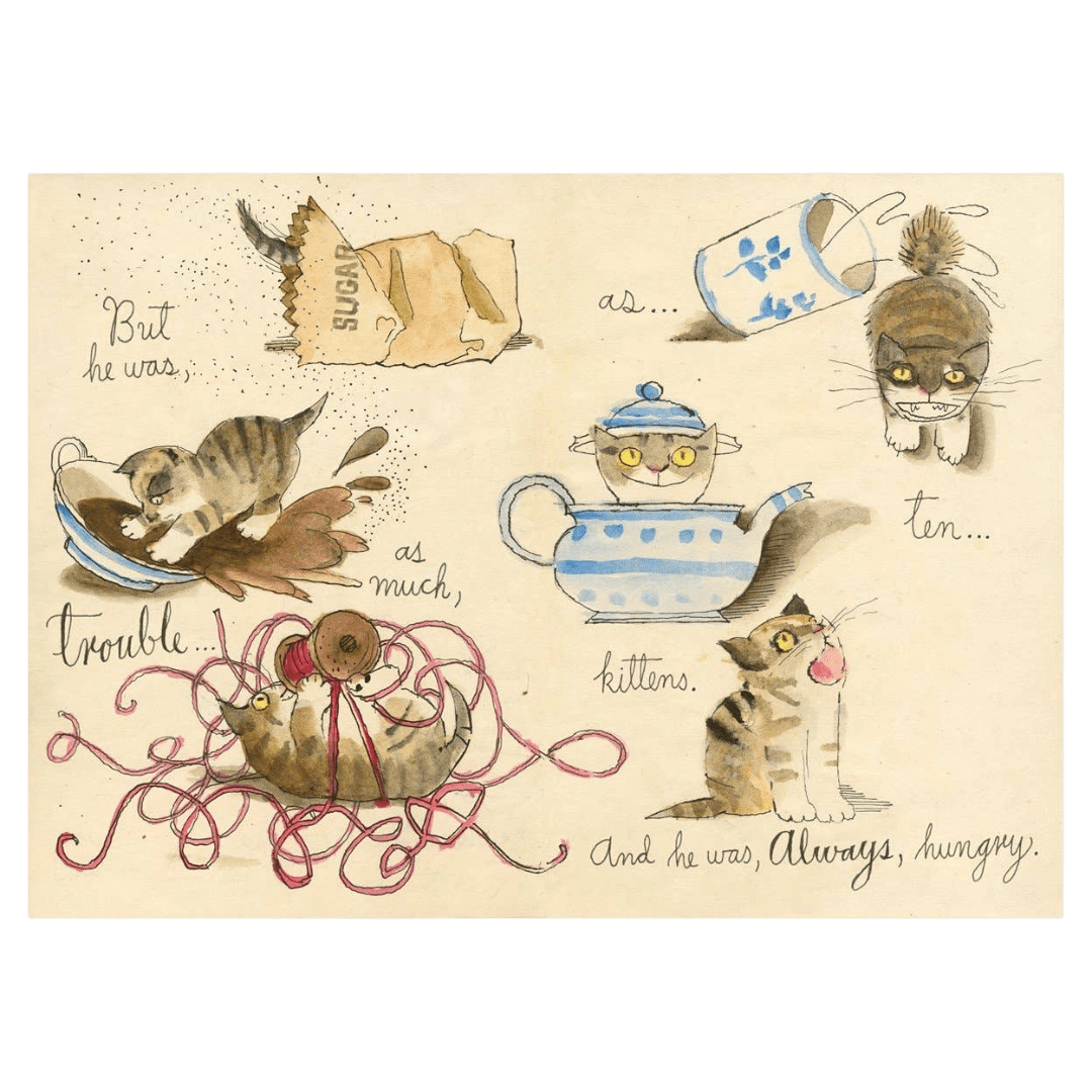 Illustration of cats and a teapot with text on a beige background