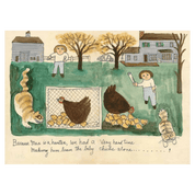 Cartoon-style illustration of a child with chickens and cats in a yard.