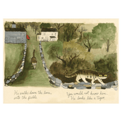 Illustration of two cats walking down a path with houses in the background and text on a beige background